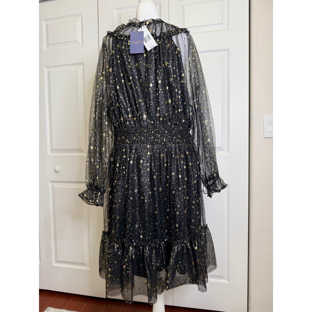 NWT Skies Are Blue Curvy Black Gold Star Print Sheer Sleeve Dress 1X - Picture 3 of 4